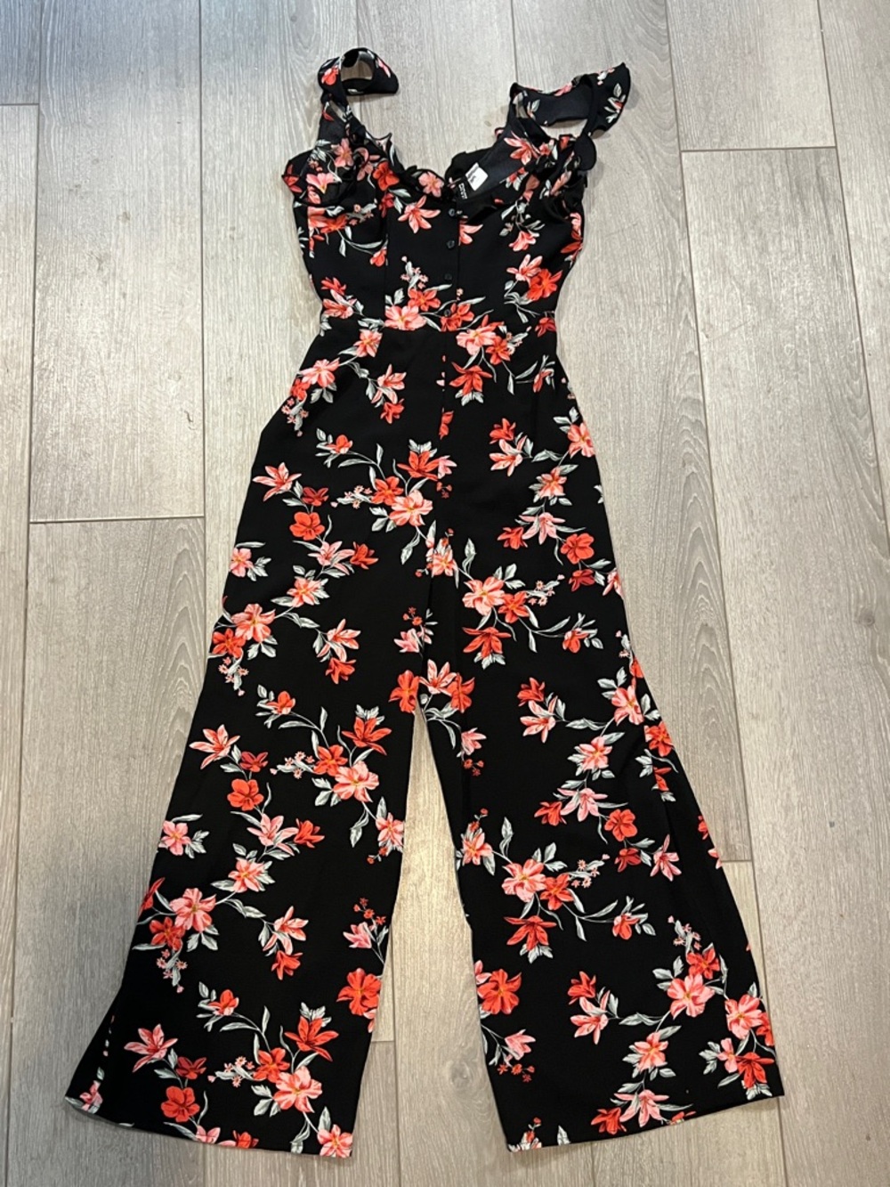 Divided Black Floral Wide-Leg Jumpsuit with Ruffle Straps